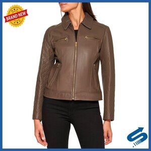 Leather Coat with Diamond Quilted Sleeves and Shirt Collar